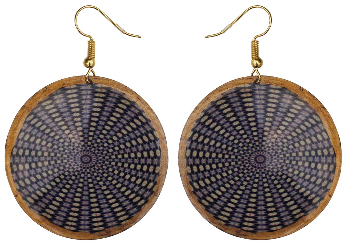 2.5” Pair of Round Hook Earrings in Brass - Blue 3D Illusionary Pattern - Drop Earrings / Women Fashion Jewelry - Buy in Bulk Wholesale